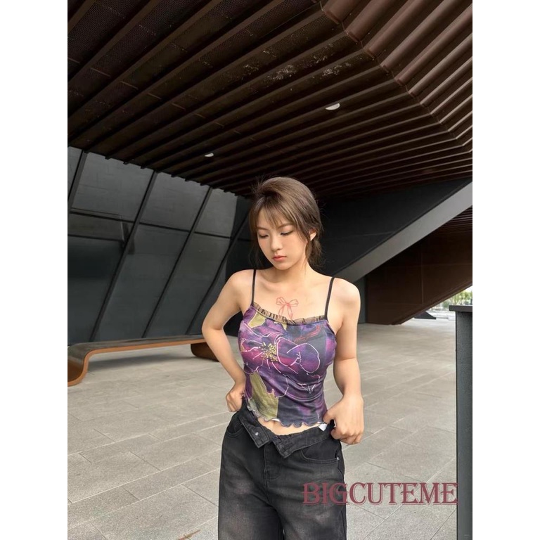 Áo Croptop Hai Dây Không Tay Hở Lưng In Hoa Màu Sắc Tương Phản Thời Trang Mùa Hè Cho Nữ