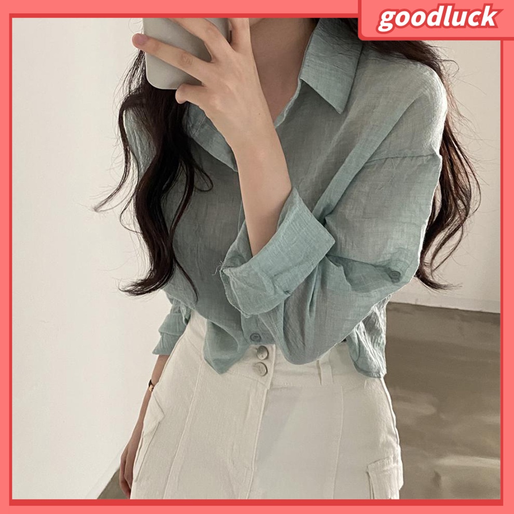 Áo Sơ Mi Tay Dài Màu Trơn Xếp Ly Cài Khuy Thời Trang Mùa Xuân Cho Nữ