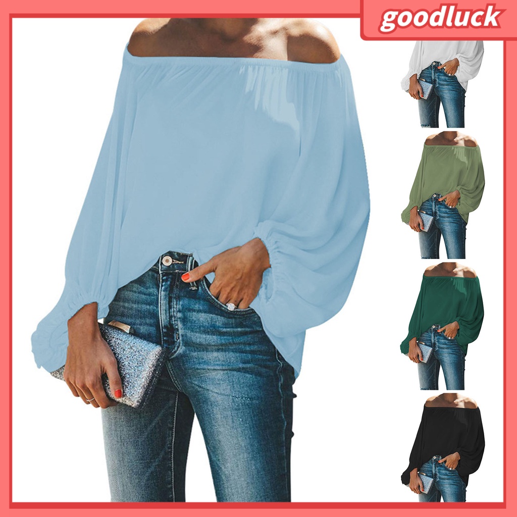 Áo Sơ Mi Tay Dài Phồng Trễ Vai Màu Trơn Thời Trang Xuân Thu Dành Cho Nữ