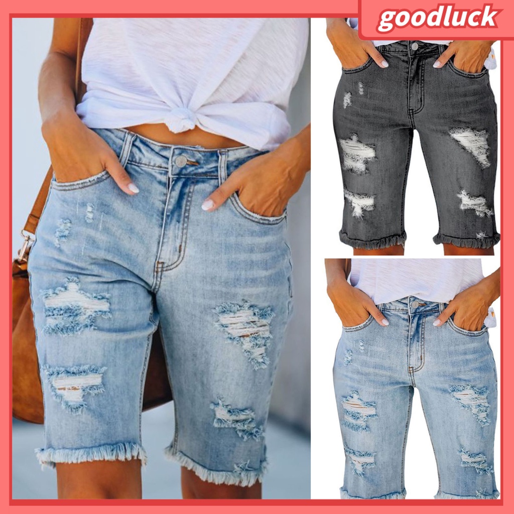 [ULK] Quần Short Denim Màu Trơn Rách Gối Mùa Hè Dài Đến Đầu Gối Mặc Hàng Ngày Cho Nữ