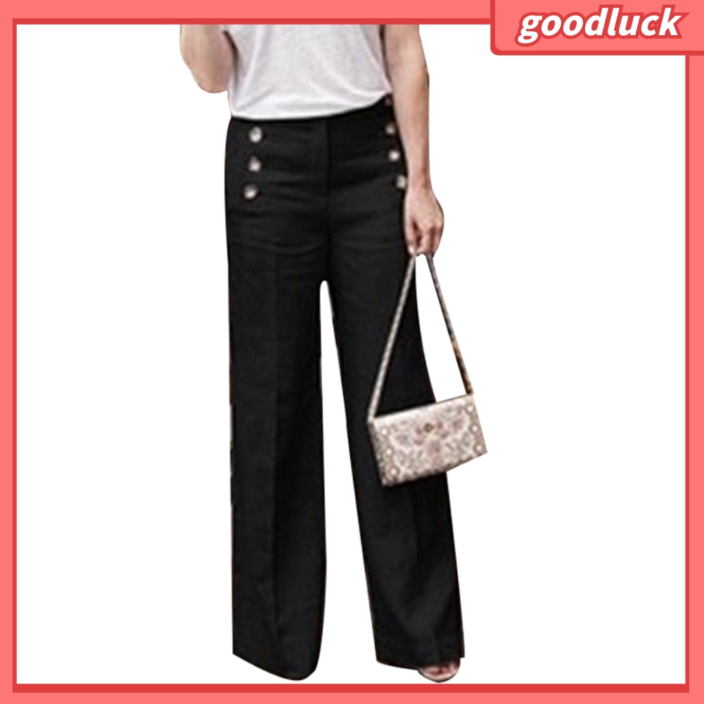 Quần Dài Vải Lanh Cotton Ống Rộng Cài Nút Màu Trơn Lưng Cao Thời Trang Cho Nữ