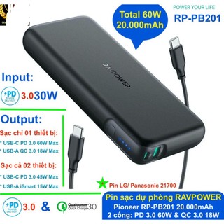 Pin sạc dự phòng ravpower rp-pb201 pioneer 20000mah pd 3.0 60w & qc 3.0 18w