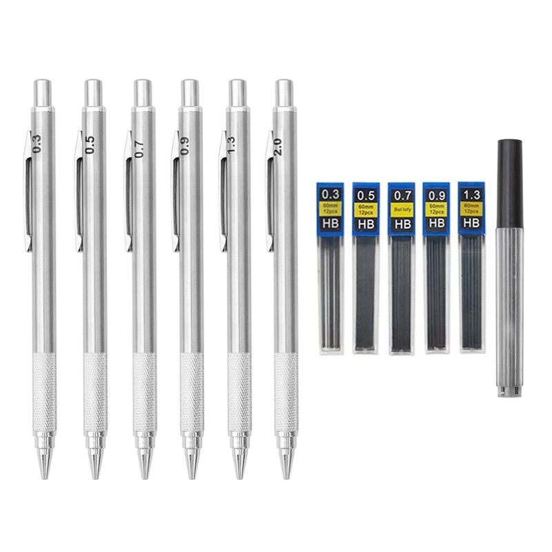1 Bộ Bút Chì Bấm Bằng Kim Loại 0.3 / 0.5 / 0.7 / 0.9 / 1.3 / 2.0mm