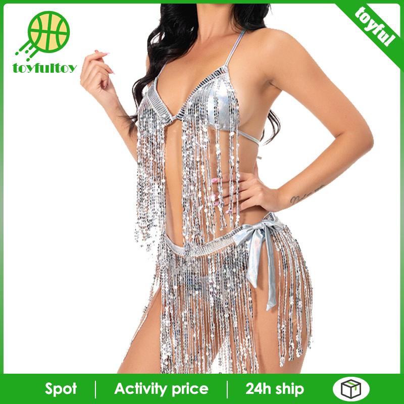 Bộ Đồ Bơi Bikini Phối Tua Rua Đính Kim Sa Lấp Lánh Dành Cho Nữ