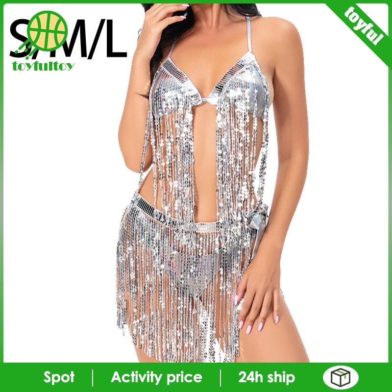 Bộ Đồ Bơi Bikini Phối Tua Rua Đính Kim Sa Lấp Lánh Dành Cho Nữ