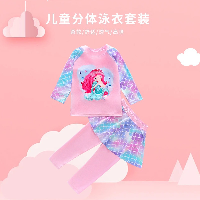 Bộ Đồ Bơi 2 Mảnh Áo Tay Dài + Quần Dài In Hình Nàng Tiên Cá Hoạt Hình Dành Cho Bé Gái