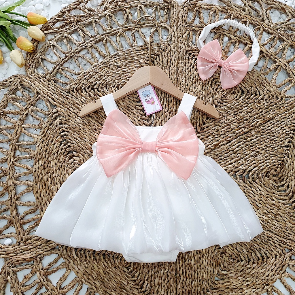 Set váy voan 2 dây bé gái sơ sinh kèm nơ MINTSCLOSET Mint's Closet đầm trắng em bé 1 2 tuổi - BV7054