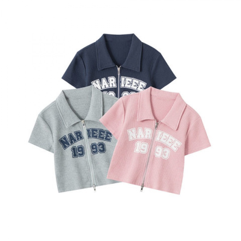 Áo Thun polo Ngắn Tay Có Khóa Kéo Phong Cách Waffle Phong Cách Mới Cho Nữ