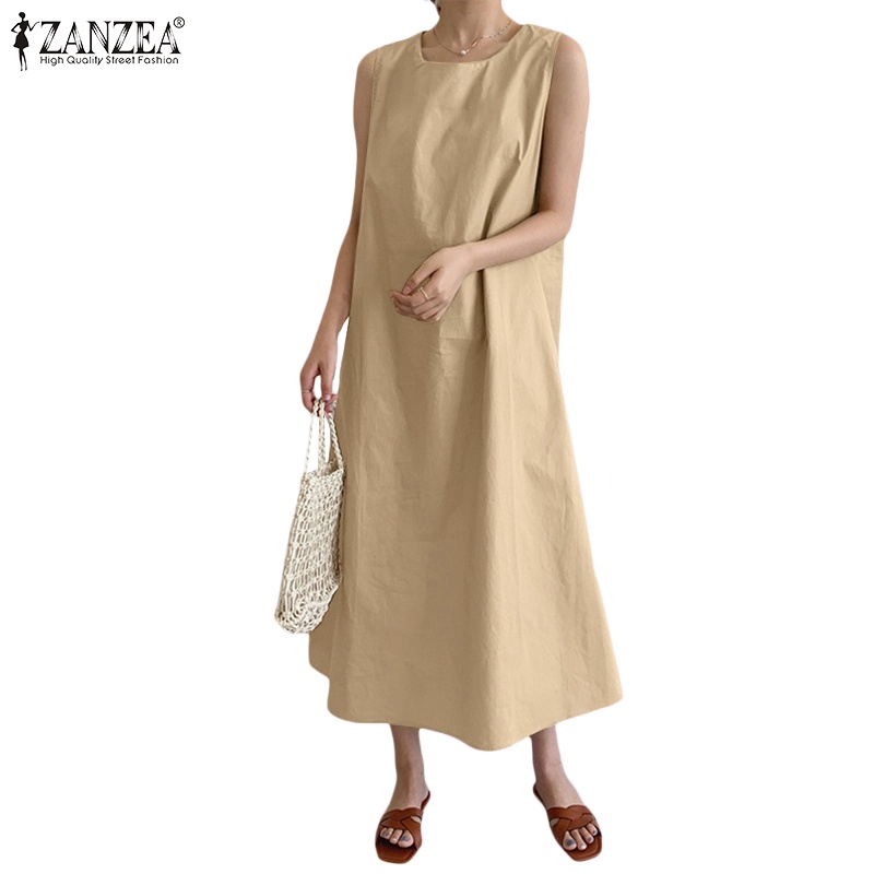 Đầm nữ ZANZEA cộc tay cổ tròn thời trang Hàn Quốc