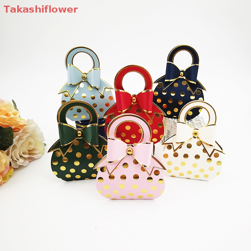 Set 10 Hộp Giấy Đựng Kẹo Cưới Có Tay Cầm Họa Tiết Chấm Bi Màu Vàng