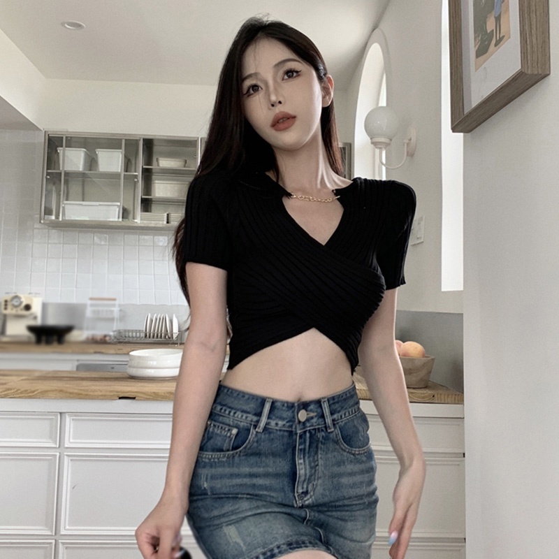 Áo Thun Dệt Kim Tay Ngắn Cổ Chữ V Dáng Ôm Thời Trang Dành Cho Nữ