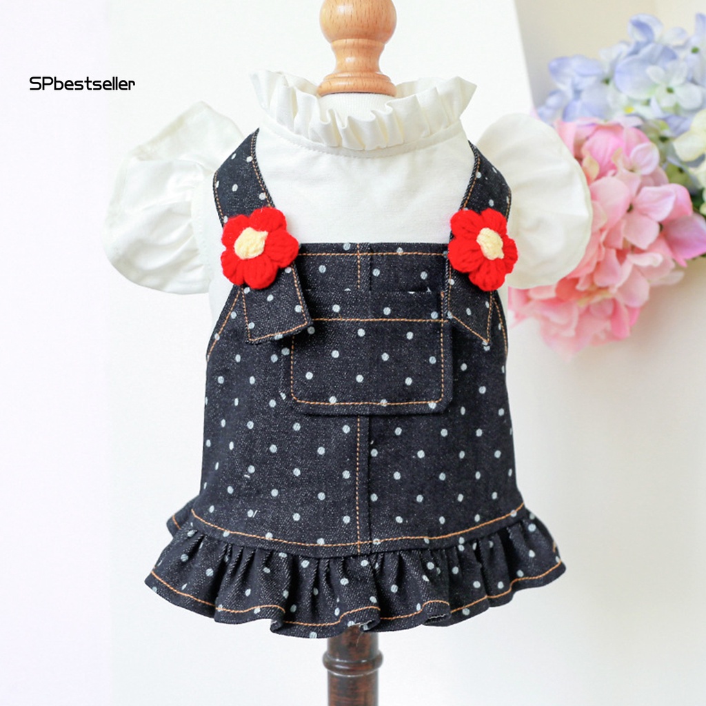 Spbestsellkr Đầm Denim Hai Dây Cài Nút Họa Tiết Chấm Bi Phối Hoa Đỏ Đáng Yêu Có Túi Mặc Hàng Ngày Cho Thú Cưng