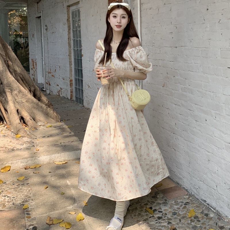 Đầm Dài Dáng Chữ a Tay Phồng Hở Vai In Họa Tiết Hoa Nhỏ Xinh Thời Trang Mùa Hè Phong Cách Hàn Quốc Cho