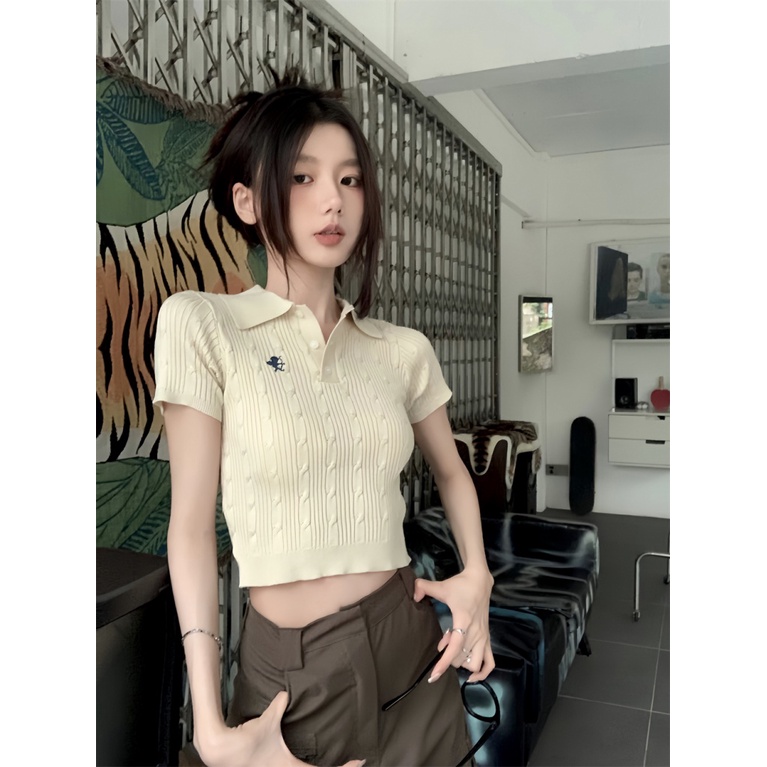 Áo Thun POLO Ngắn Tay Thêu Họa Tiết Thời Trang Dành Cho Nữ