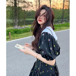 Đầm Công Chúa Cổ Peter Pan Tay Phồng In Hoa Màu Đen Thời Trang Mùa Hè Cho Nữ