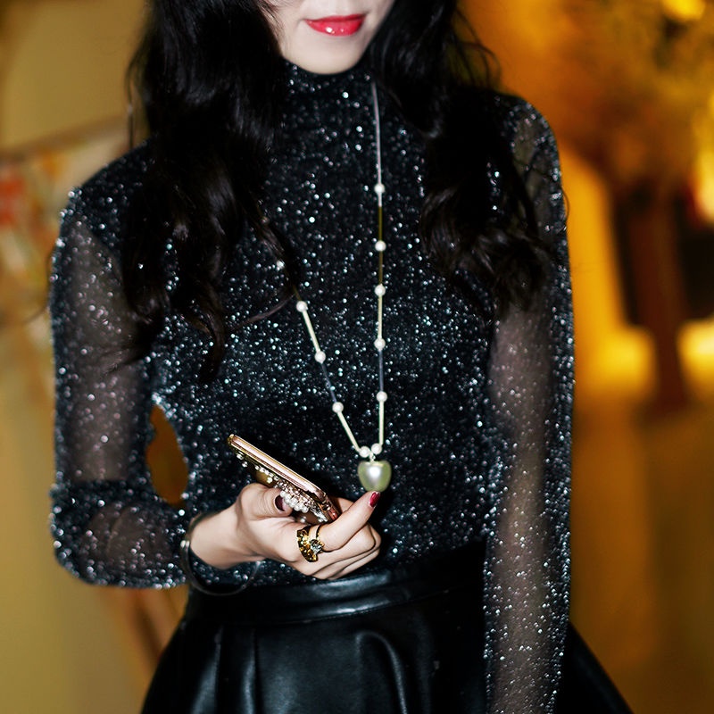 Áo Thun Tay Dài Cổ Tròn Dáng Ôm Vải Lụa Phối Ren Thời Trang Cho Nữ