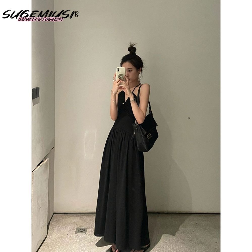 Sugemiusi Đầm Hai Dây Màu Đen Phong Cách Pháp Thời Trang Mùa Hè Sang Trọng