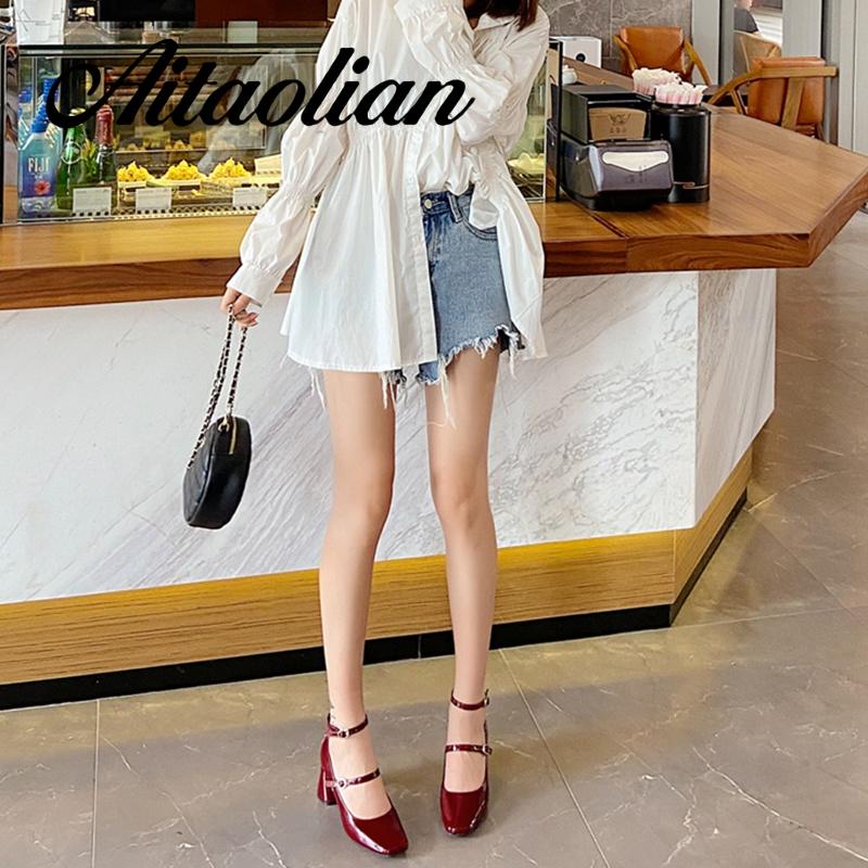 Giày Cao Gót 5Cm Da Mềm Mũi Vuông Phối Dây Mỏng Kiểu Retro Thời Trang Cho Nữ