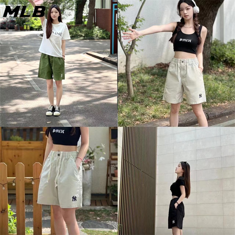 Quần Short 100% Thêu Logo MLB NY Phối Dây Rút Thời Trang Đi Biển Cho Nam Và Nữ