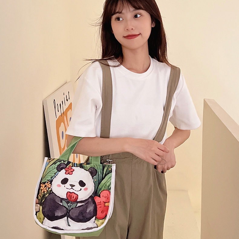 Túi Xách Canvas Họa Tiết Gấu Trúc Hoạt Hình Hàng Mới Dành Cho Học Sinh