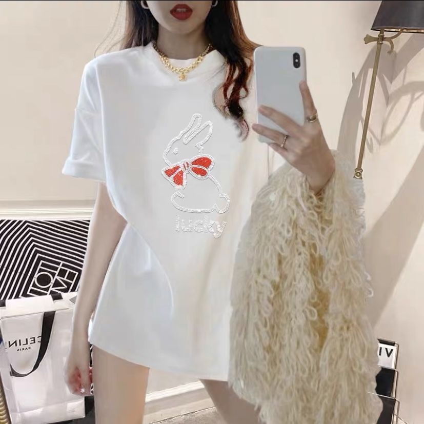 Áo Thun Tay Ngắn Dáng Rộng Bằng Vải Cotton Màu Trắng Trơn In Hình Thỏ Đính Đá Thời Trang Mùa Hè Phong Cách Mới Cho Nữ