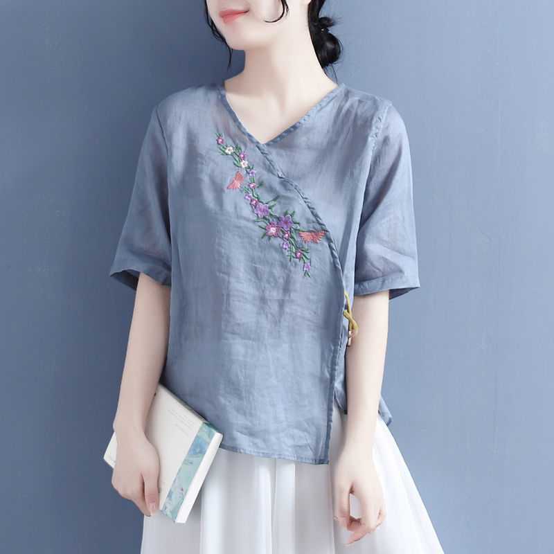Áo cotton Lanh Mỏng Tay Lửng Dáng Rộng Thêu Họa Tiết Phong Cách Dân Tộc retro