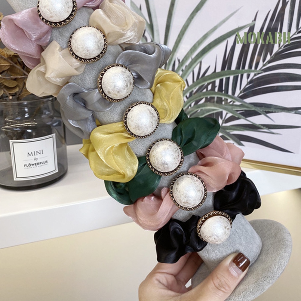 Dây Cột Tóc Co Giãn Bằng Vải Tuyn Đính Ngọc Trai Nhân Tạo Màu Trơn Thời Trang Dành Cho Nữ Giá Đỡ