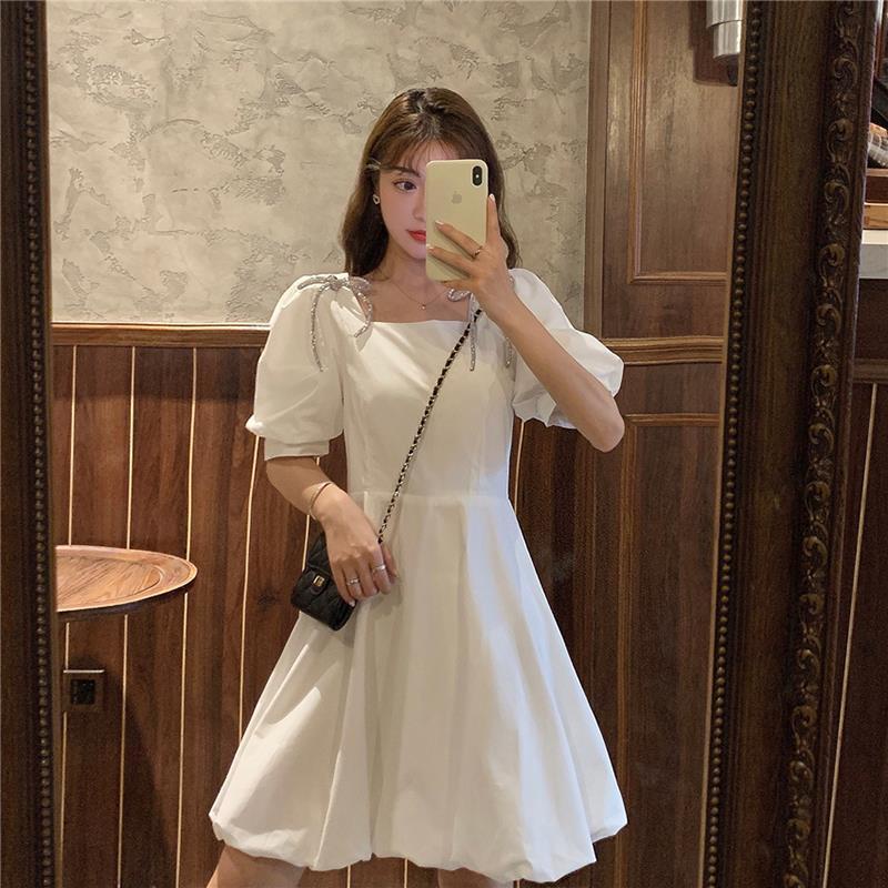 Đầm Chữ A Tay Ngắn Phồng Cổ Vuông Thắt Nơ Dáng Ôm Thời Trang Mùa Hè Hàn Quốc Mới