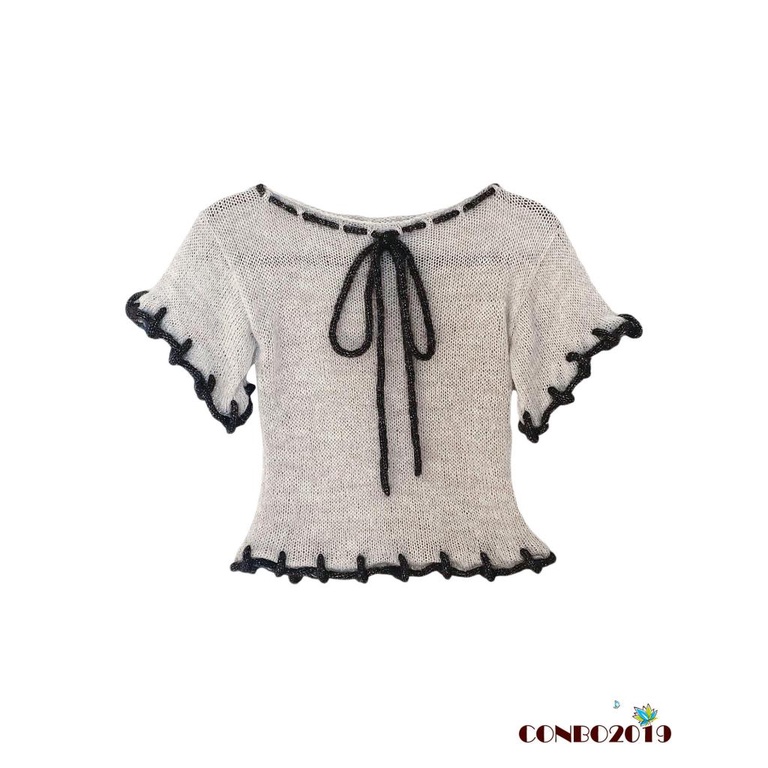Áo Croptop Dệt Kim Tay Ngắn Phối Dây Rút Thời Trang Mùa Hè Cho Nữ