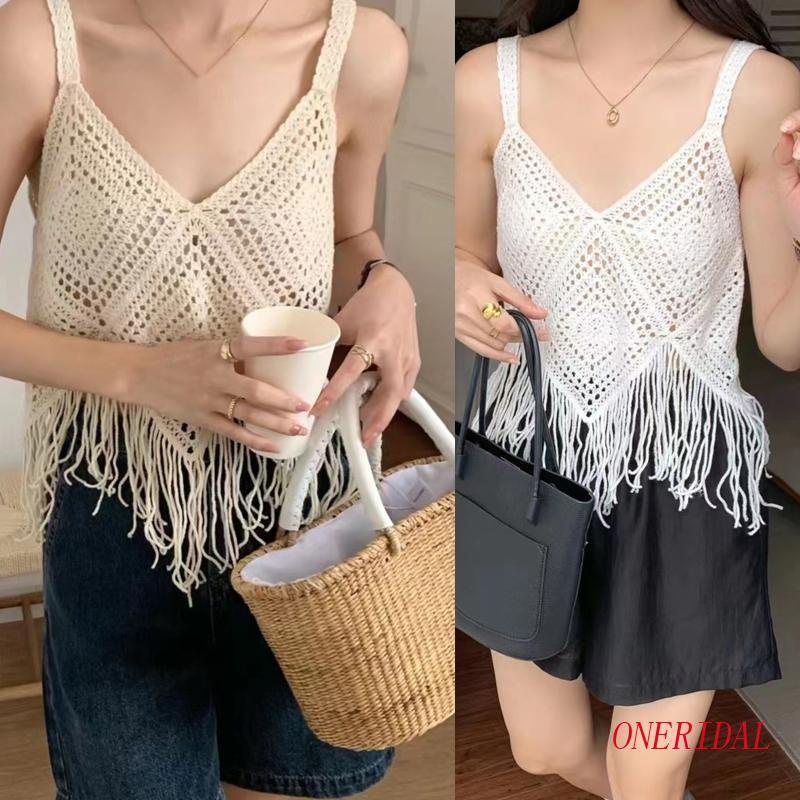 Áo Croptop Sát Nách Cổ Chữ V Dáng Rộng Phối Tua Rua Thời Trang Cho Nữ
