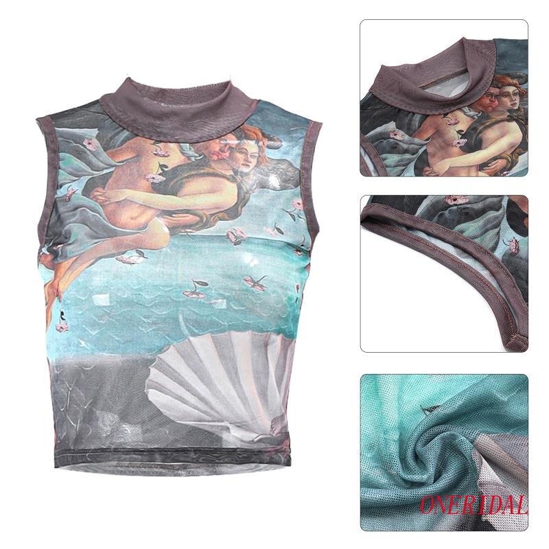 Áo Croptop Lưới Không Tay In Họa Tiết Trừu Tượng Phong Cách Harajuku Cổ Điển Dành Cho Nữ