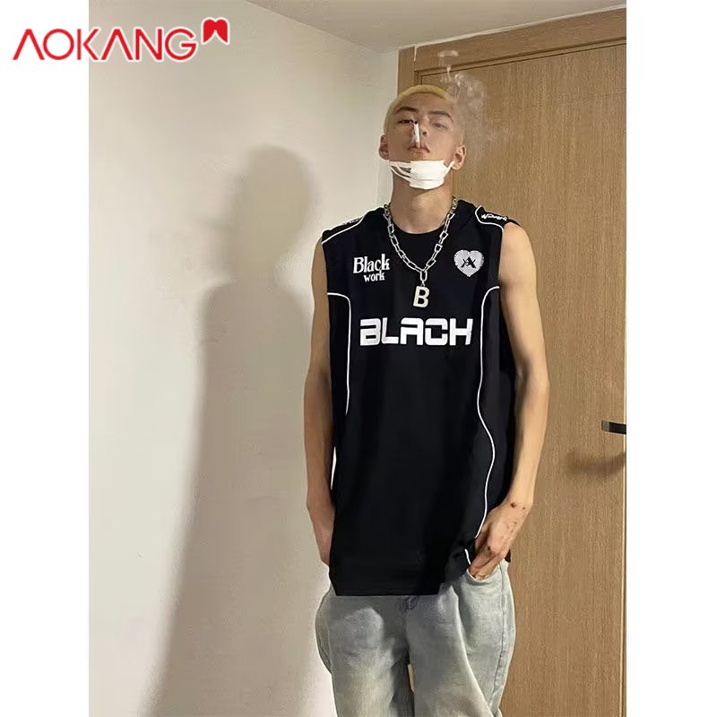 Áo không tay AOKANG cổ tròn in chữ thời trang mùa hè cho nam