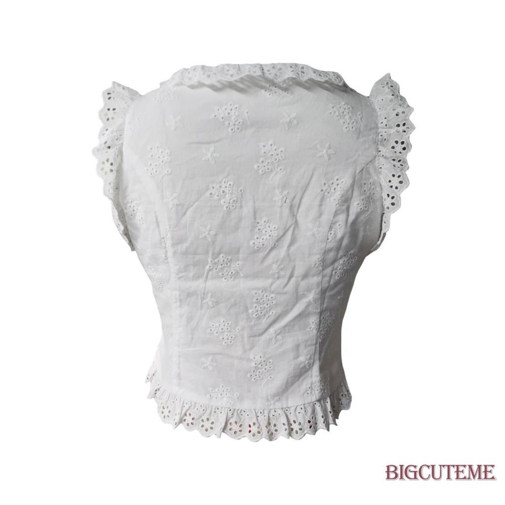 [] Áo Crop Top Không Tay Màu Trơn Cài Nút Xuống Phối Ren Thời Trang Mùa Hè Cho Nữ