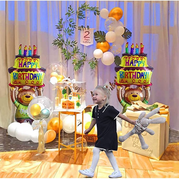 Bong Bóng Ba Tầng Hình Gấu Và Bánh Kem Trang Trí Tiệc Sinh Nhật Cho Bé