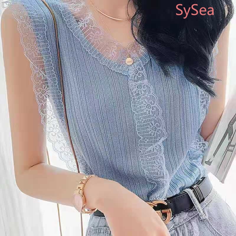 Áo Hai Dây Dệt Kim Dáng Rộng Cổ Chữ V Phối Ren Quyến Rũ Cho Nữ