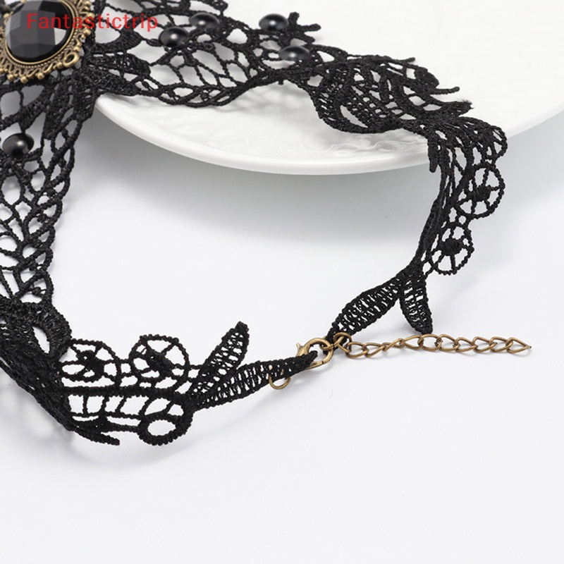 [Fantastictrip] Vòng Cổ Choker Ren Đen Đính Hạt Đá Quý Quyến Rũ Phong Cách Gothic Quà Tặng Đẹp Cho Phụ Nữ