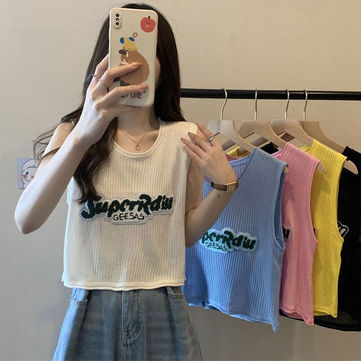 Áo Dệt Kim Sát Nách Dáng Rộng In Chữ Kiểu Retro Mỹ Xinh Xắn Cho Nữ