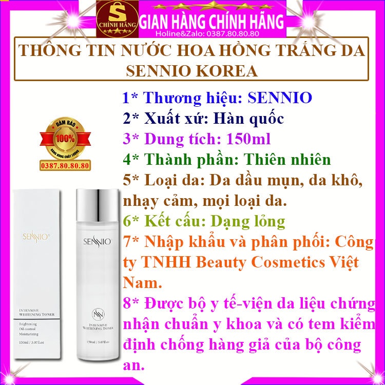 Nước hoa hồng se khít lỗ chân lông xịn hàn quốc chính hãng Sennio nước hoa hồng không cồn trắng da mờ thâm nám dưỡng ẩm