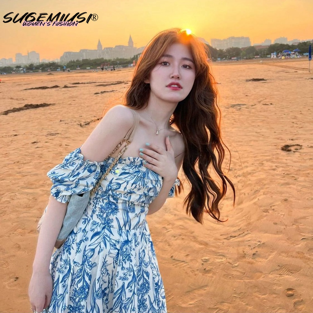 Sugemiusi  Đầm Hai Dây Dáng Dài Hở Vai Eo Cao Họa Tiết Hoa Phong Cách Pháp Thời Trang Mùa Hè Dành Cho Nữ