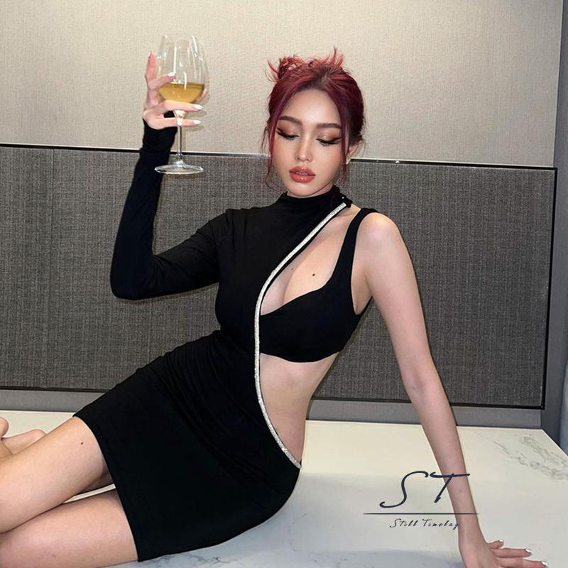 Đầm Body Một Dây Tay Dài Cổ Tròn Đính Đá Thời Trang CY03