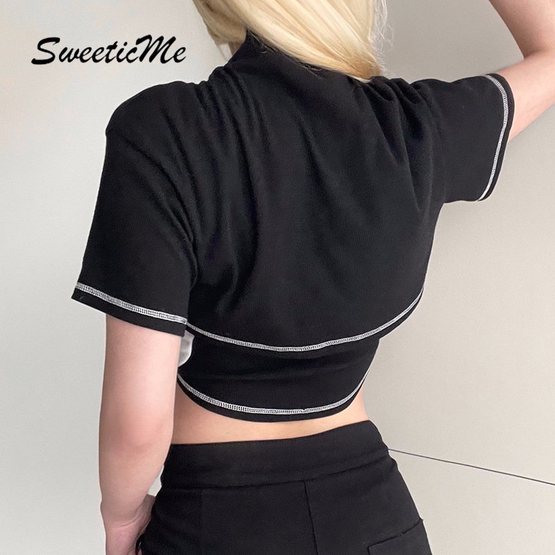 Áo Thun Croptop Hai Mảnh Dáng Ôm Tay Ngắn Màu Tương Phản Thời Trang Mới 2023 Dành Cho Bạn Nữ