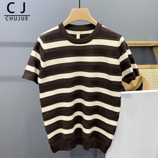 Áo Thun Lụa Lạnh Dệt Kim Tay Ngắn Cổ Tròn Kẻ Sọc Trắng Đen Thời Trang Cho Nam