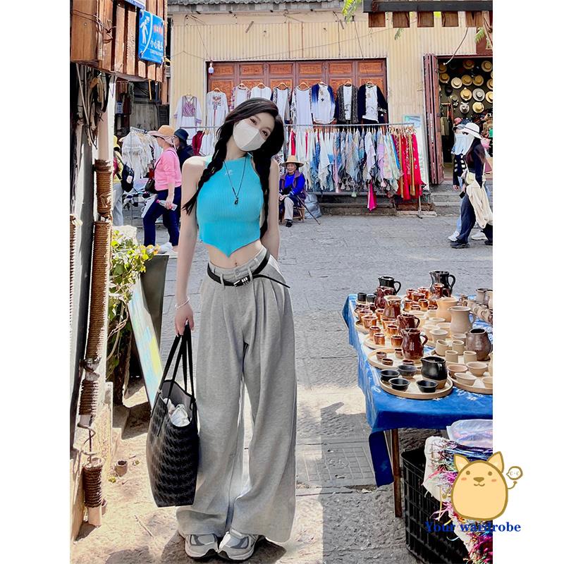 Bộ Áo Croptop Hai Dây Dáng Ôm Sát Nách + Quần Dài Ống Rộng Lưng Cao Thời Trang Mùa Hè Cho Nữ