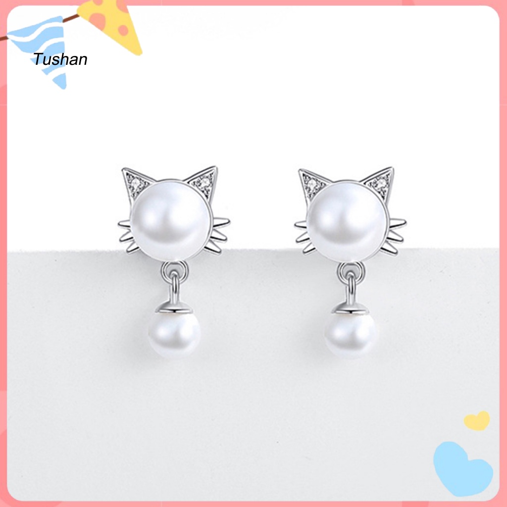 [Ts] 1 Cặp Bông Tai Dạng Treo Hình Mèo Trắng Chống Mài Mòn Trang Trí Mắt Làm Việc Mịn Màng
