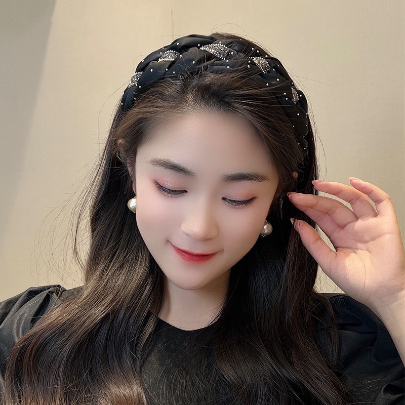 Băng Đô Cài Tóc Dạng Xoắn Đính Đá Màu Đen Dễ Phối Đồ Thời Trang Cao Cấp Cho Nữ