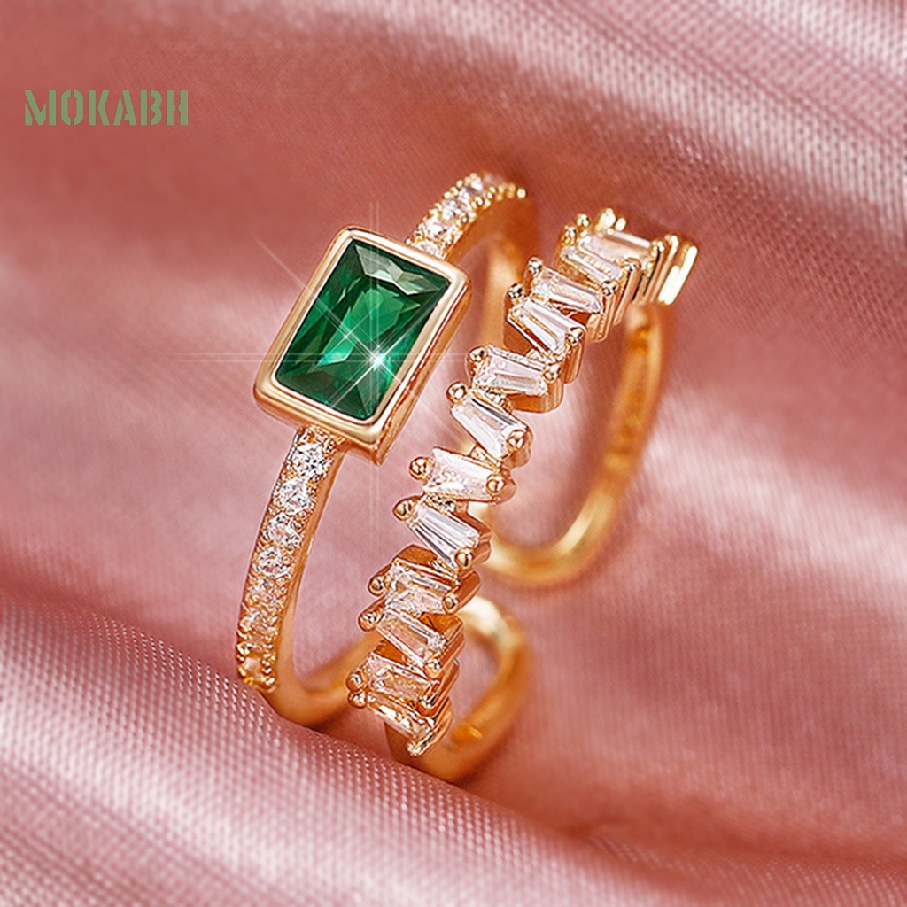 [Mới] Nhẫn Cưới Hai Lớp Dạng Mở Đính Đá Zircon Giả Màu Xanh Lá Có Thể Điều Chỉnh Làm Quà Tặng Valentines