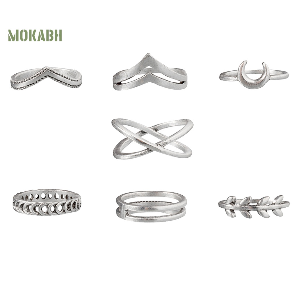 [Hot] Bộ 7 Nhẫn Hợp Kim Nhỏ Gọn Mặt Trăng Lá Cây Thánh Giá Cho Bữa Tiệc