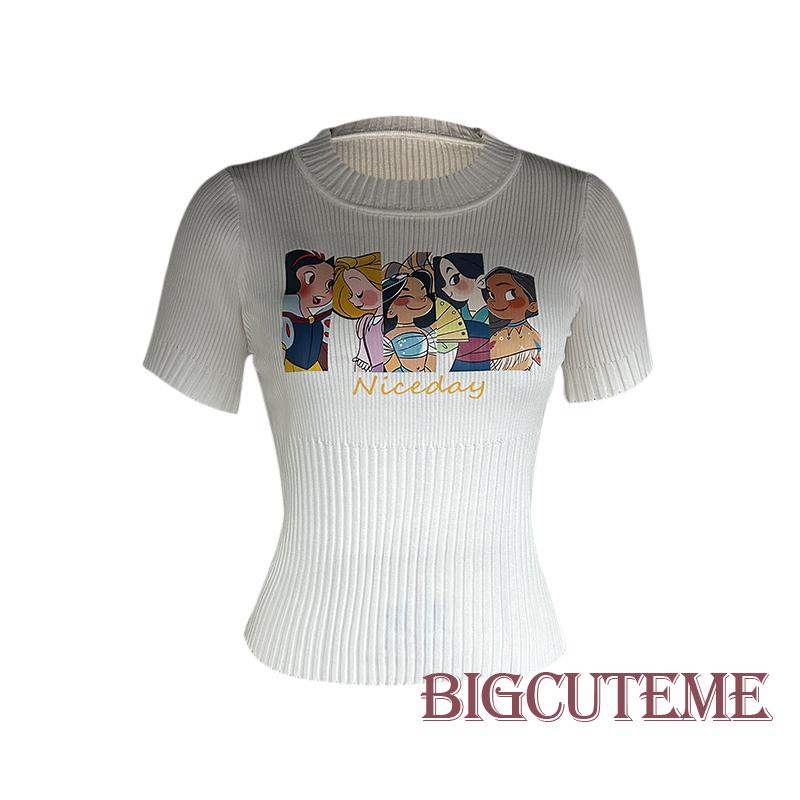 Áo Croptop Dệt Kim Tay Ngắn In Họa Tiết Nhân Vật Hoạt Hình Thời Trang Mùa Hè Cho Nữ
