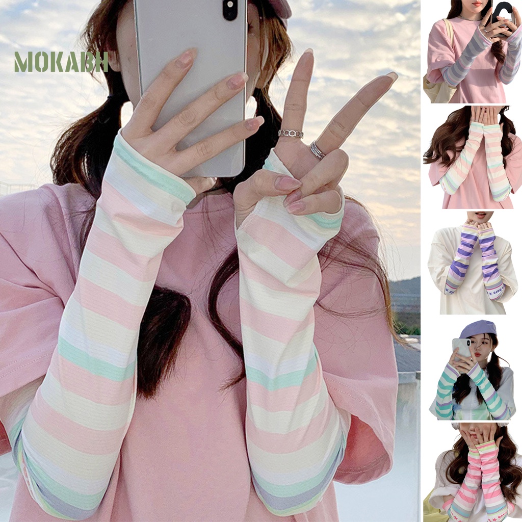 1 Cặp Găng Tay Chống Nắng Bằng Lụa Lạnh Độ Co Giãn Cao Họa Tiết Kẻ Sọc