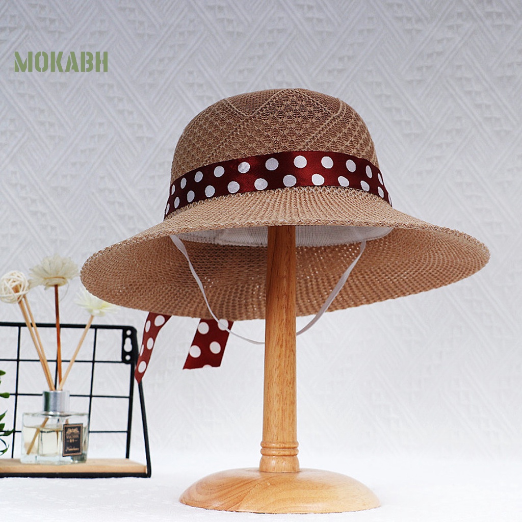 [Mok Abh] Mũ Dệt Rộng Vành Chống Nắng Đi Biển Mùa Hè Có Dây Ruy Băng Thời Trang Có Thể Gập Lại Cho Nữ